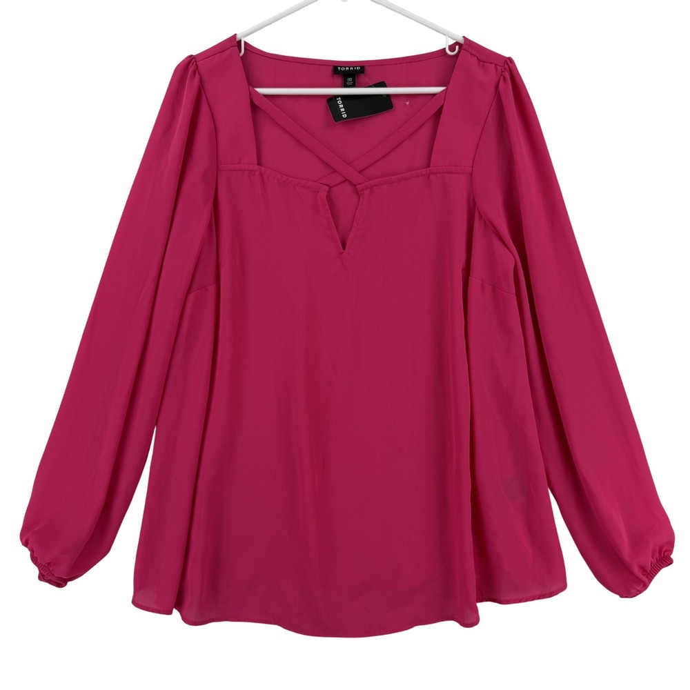 Torrid Blouse Womens 00 Pink Georgette Keyhole V Neck Long Sleeve Top NWT‎